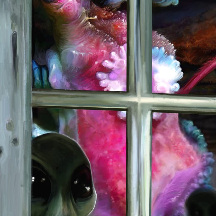 Things alien and worse glimpsed in a farmhouse window.